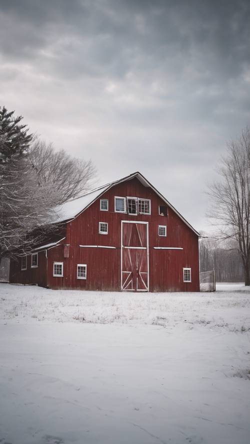 Rustykalna stodoła na wsi w stanie Michigan, otoczona śnieżnym zimowym krajobrazem.