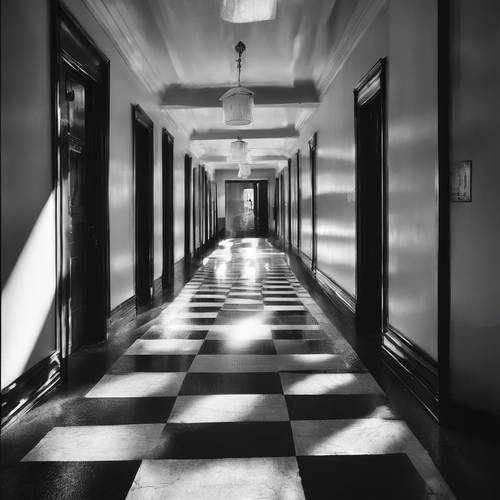 A ray of sunlight casting dramatic shadows on a black and white checkered hallway.