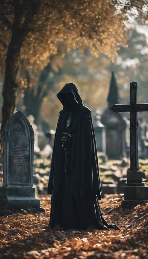 A cloaked figure standing in a gothic graveyard. Tapeta na zeď [01e7ef86ff6847aab5b0]