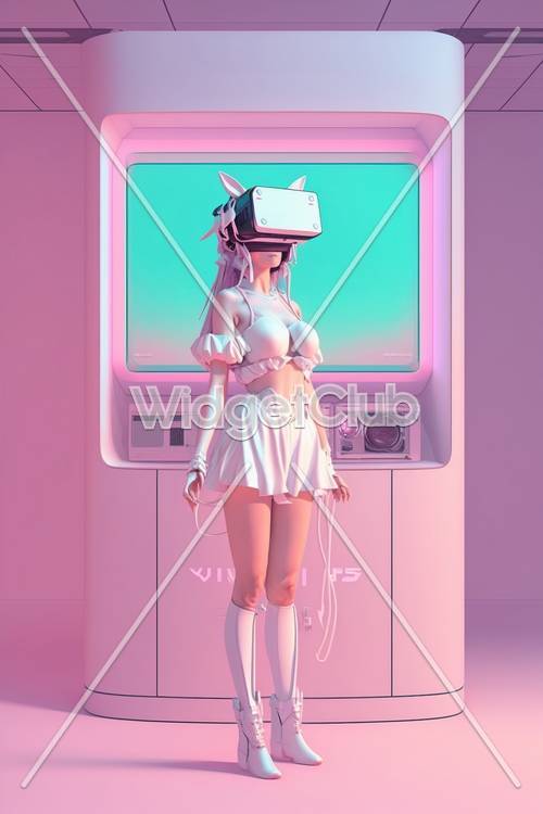 VR 헤드셋을 갖춘 미래 지향적인 핑크 애니메이션 스타일 소녀