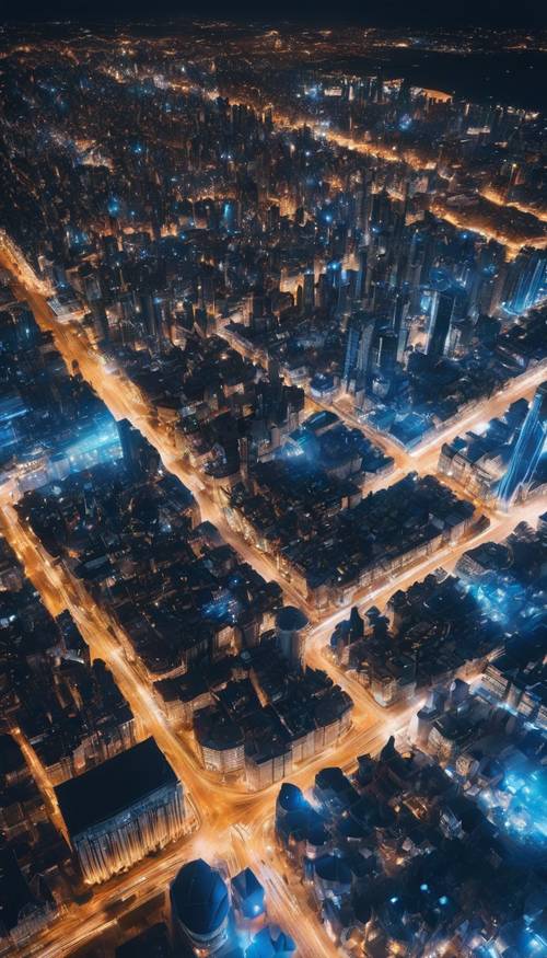 Une vue aérienne de la ville nocturne, parsemée de lumières bleu électrique et blanches.