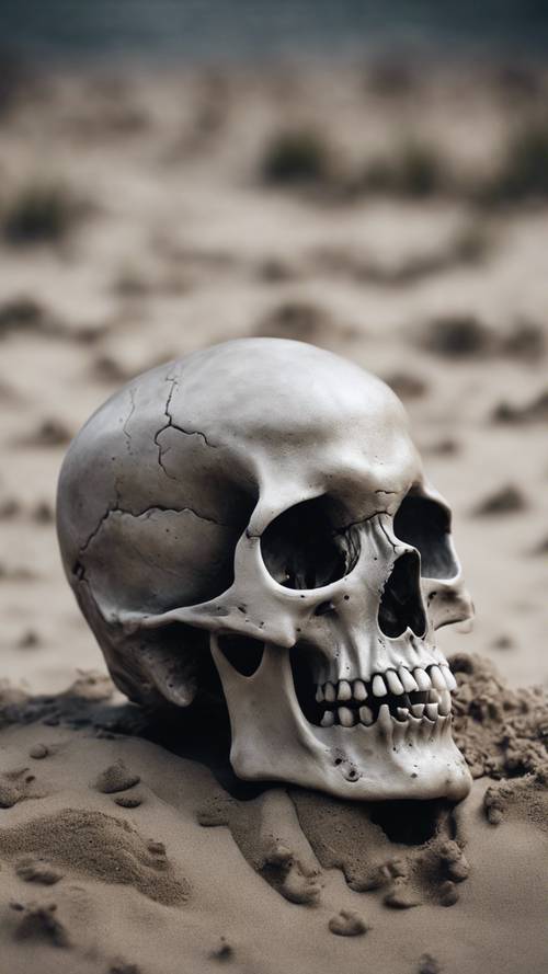 这是一张超现实主义的快照，照片中一颗灰色的头骨正慢慢沉入流沙中。