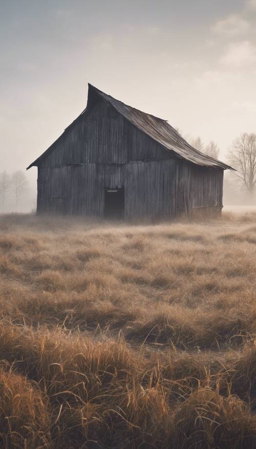 Une vieille grange en bois avec de la peinture écaillée dans un champ brumeux le matin.