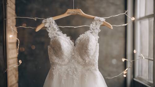 A beautiful bridal dress on a hanger, with a sweet love quote embroidered on the hem. Tapeta [a6ecf86b59f94679a43f]