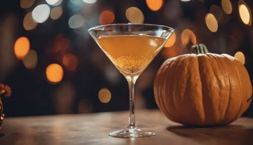 A sophisticated pumpkin sipping a vodka martini at a preppy Halloween party.