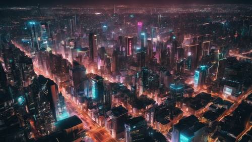 Uma vista aérea de uma metrópole durante a noite, fortemente influenciada pelos brilhos neon estéticos do Y2K.