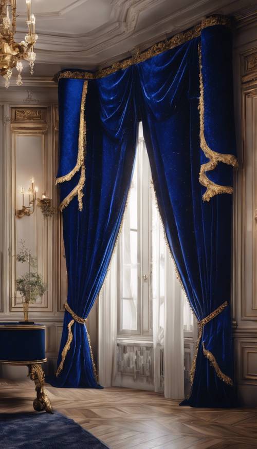 Sumptuous royal blue velvet swaying curtains in a sophisticated Victorian study room