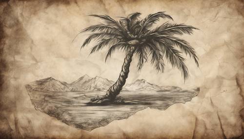 一张古老的羊皮纸上画着一棵深色棕榈树，是一张奇幻主题的手绘地图。