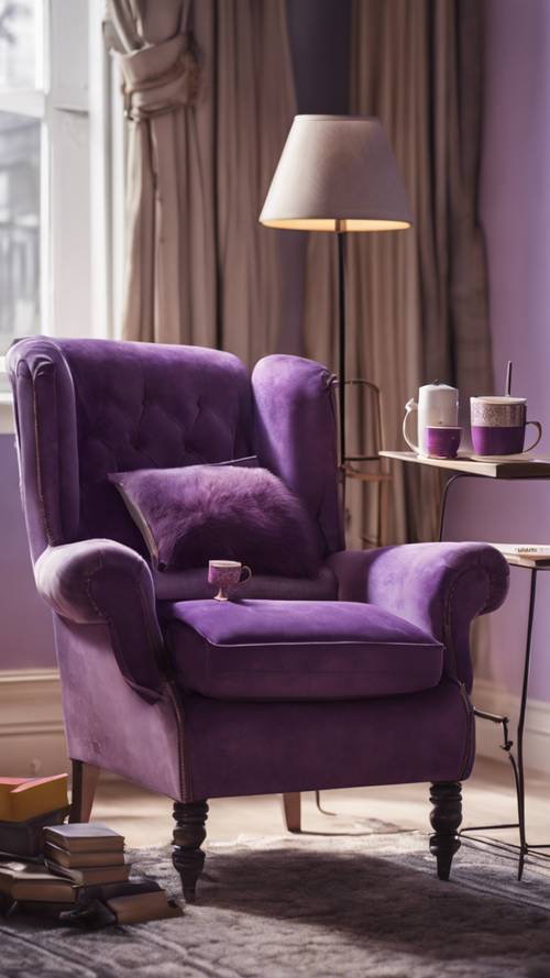 A preppy style, cozy reading corner with a purple armchair, a standing lamp, and a small round table holding a cup of tea and a book.