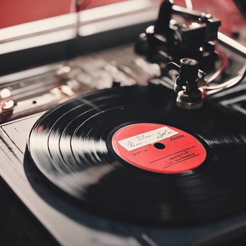 A retro black vinyl record with a red label spinning on a turntable