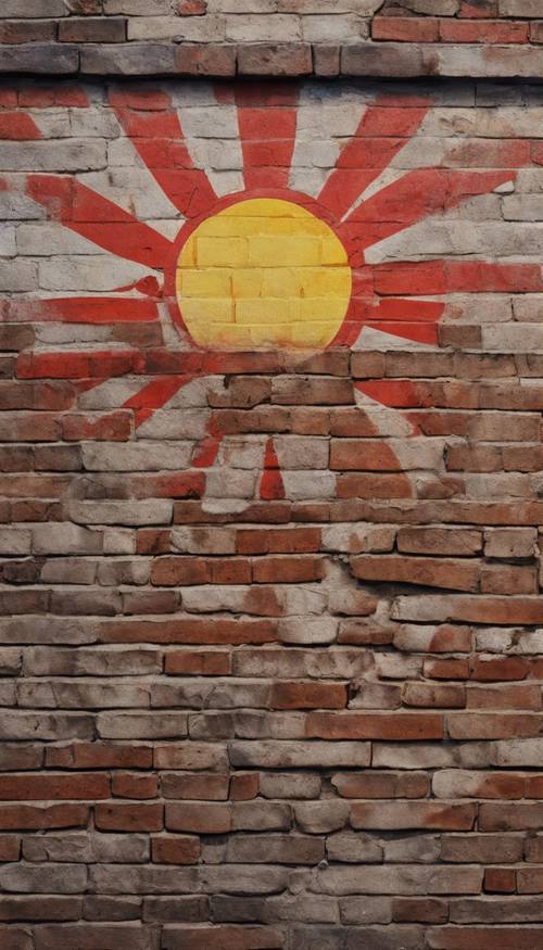 A Japanese graffiti of a rising sun on a weathered brick wall in the middle of Tokyo