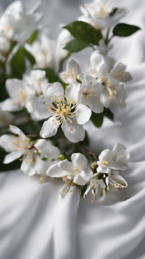 Schwarze Jasminblüten erwecken ein makelloses weißes Tuch zum Leben.
