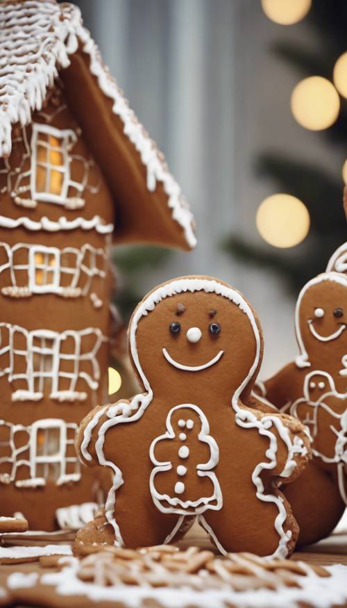 A family of gingerbread people preparing for New Year in their sweet house.