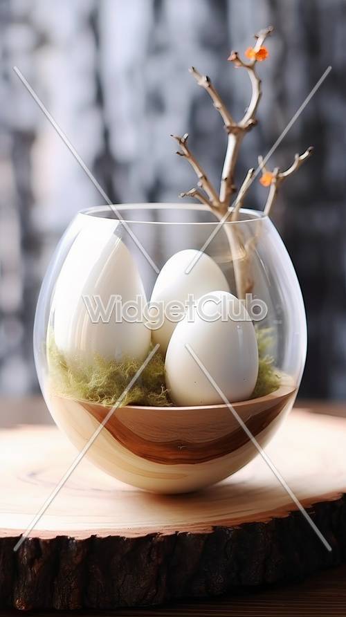 白い卵と枝を飾った上品なガラスの花瓶