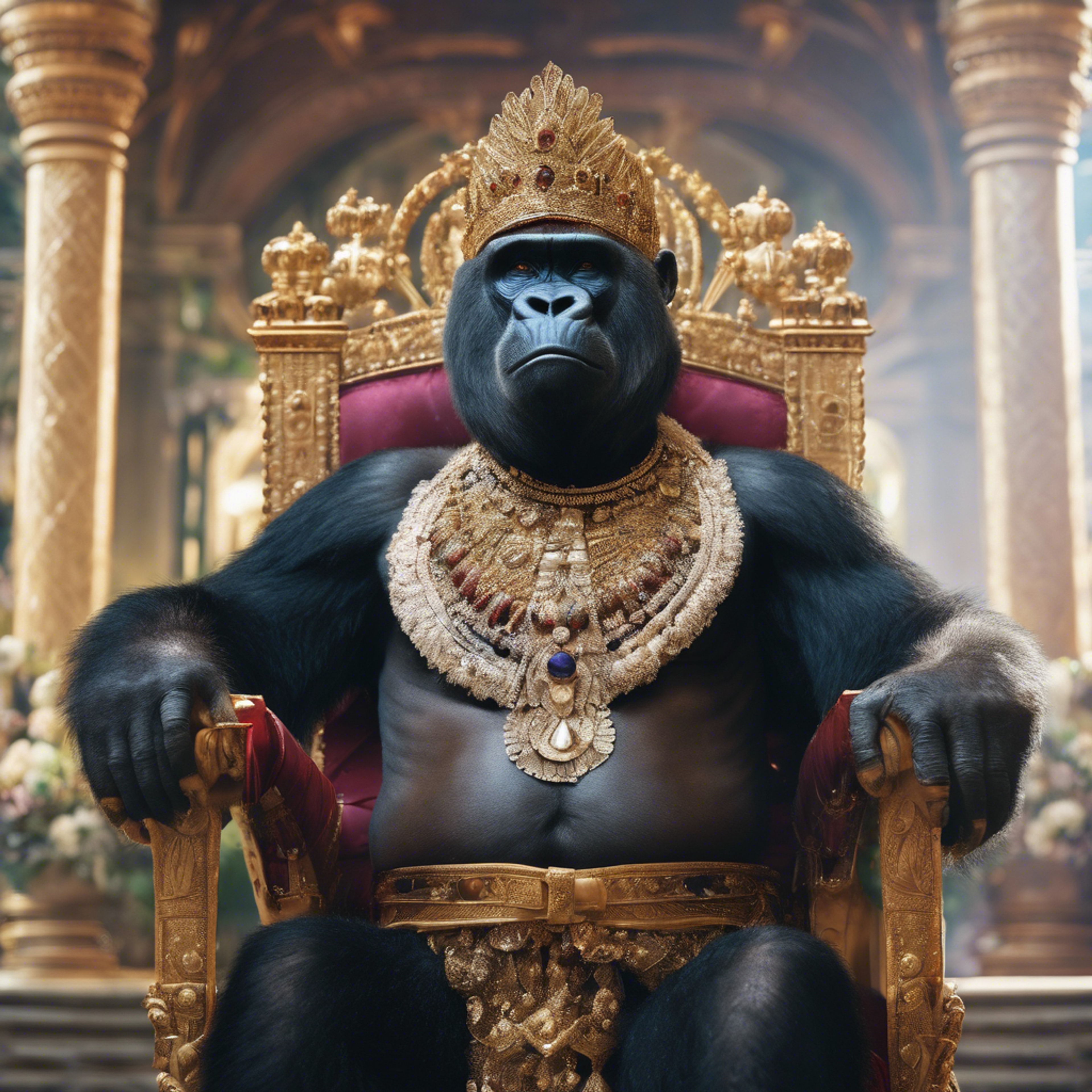 A regal gorilla queen, adorned in beautiful garments, graciously receiving her subjects in a forest throne room. Wallpaper[bd11d72f295747a289c1]