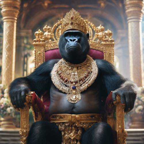 A regal gorilla queen, adorned in beautiful garments, graciously receiving her subjects in a forest throne room.