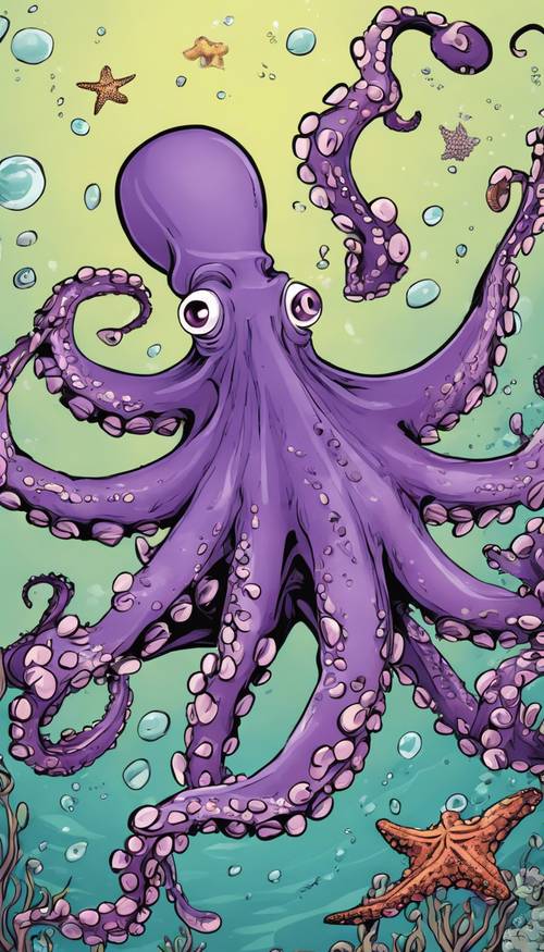Głupia, fioletowa ośmiornica rysunkowa żonglująca gwiazdami morskimi pod wodą.