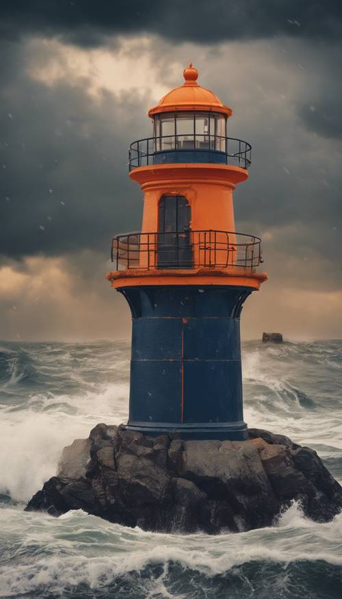 Um farol azul marinho e laranja com vista para um mar tempestuoso.