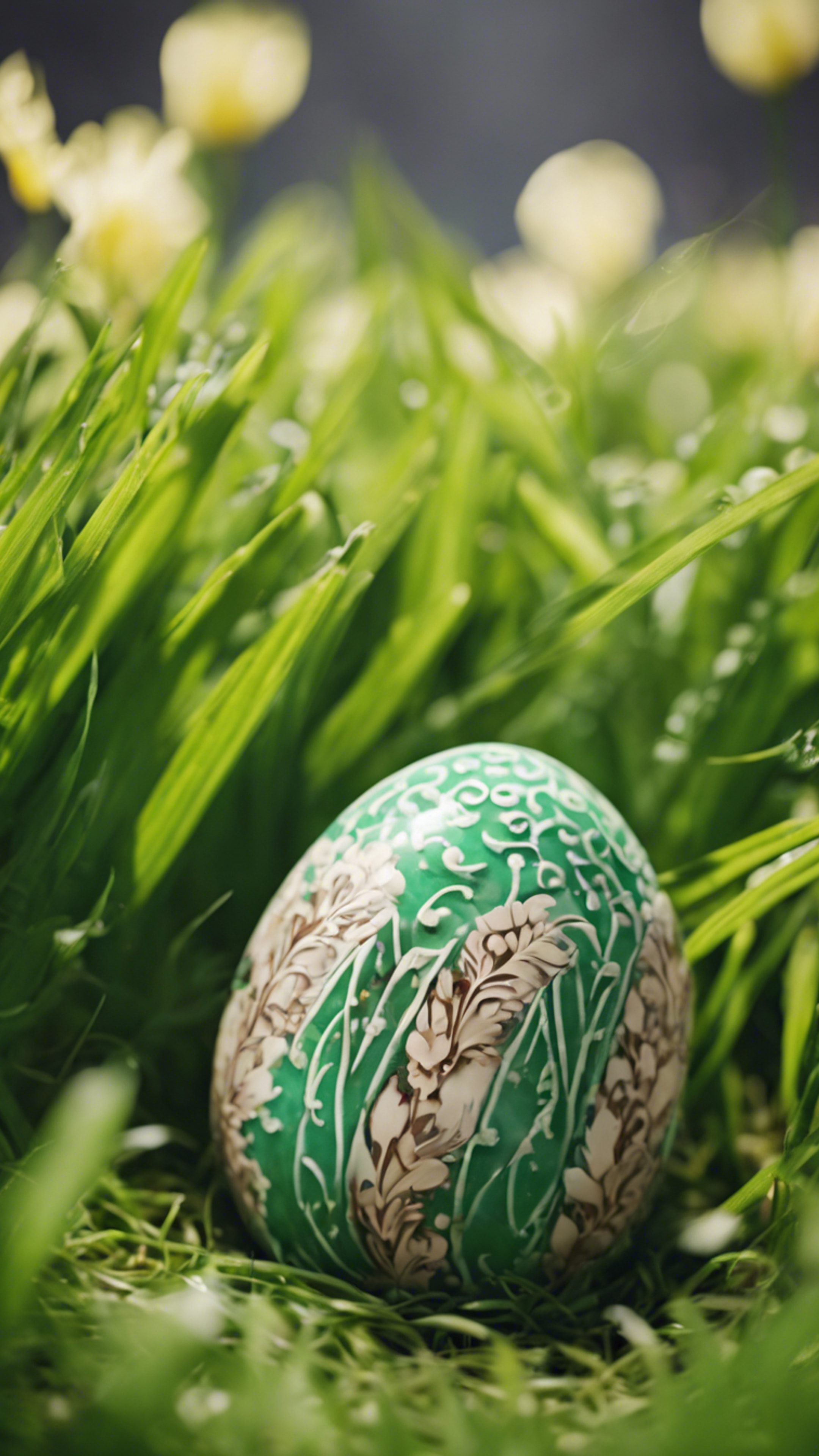 Close-up of a uniquely designed ceramic Easter egg sitting in bright green grass. Wallpaper[195425dd16be462f82eb]