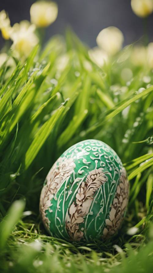 Close-up of a uniquely designed ceramic Easter egg sitting in bright green grass.