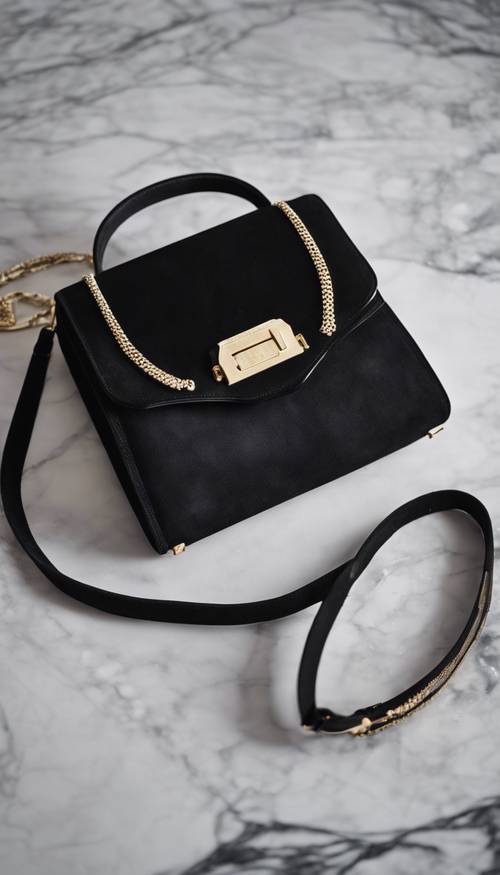 A sleek black suede handbag placed on a marble table.