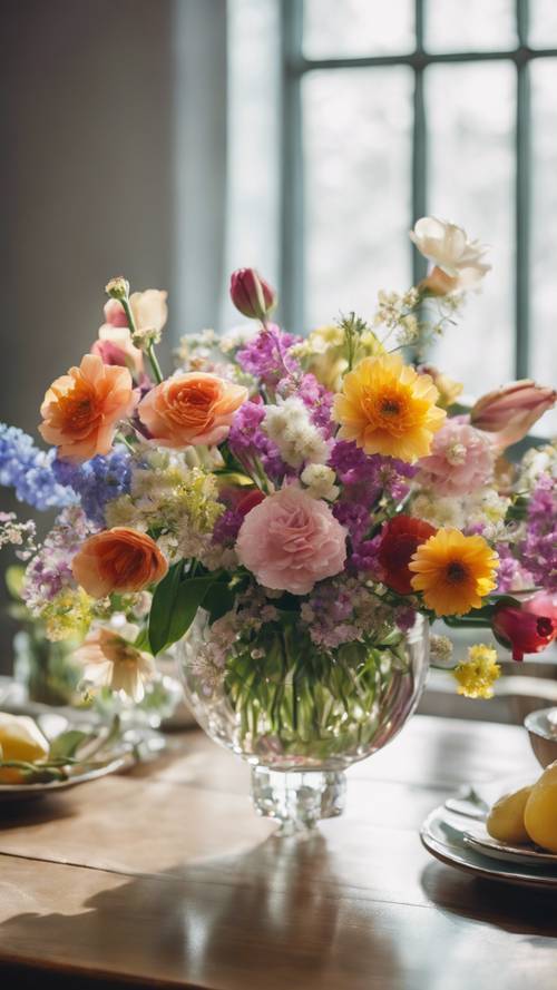 Um exuberante arranjo de flores coloridas da primavera em um vaso de cristal sobre uma mesa de jantar.