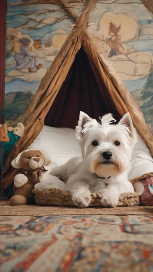 Ein West Highland White Terrier macht im Babyzimmer ein Nickerchen, unter einem handgemalten Wandgemälde mit einer Märchenszene.