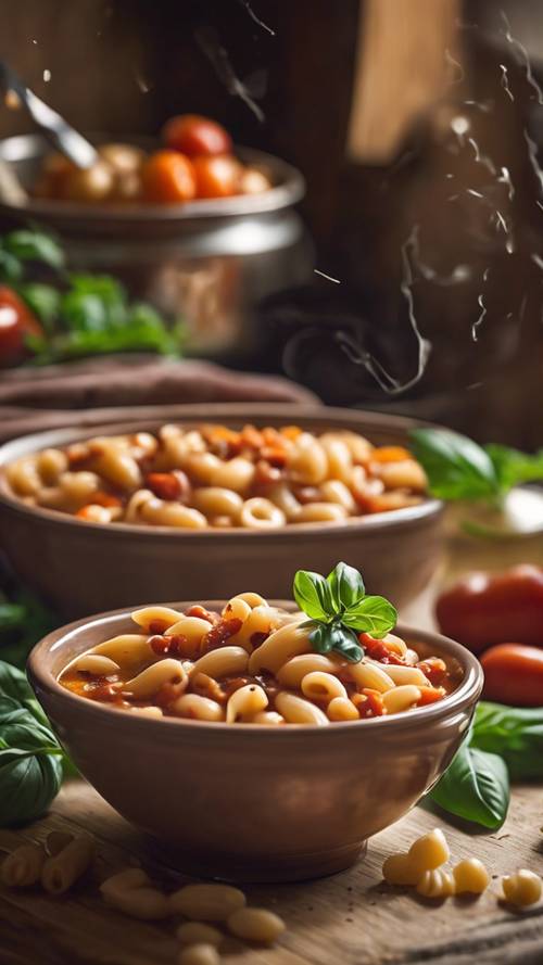 A bowl of pasta e fagioli simmering in a traditional Italian kitchen, garnished with a drizzle of olive oil.