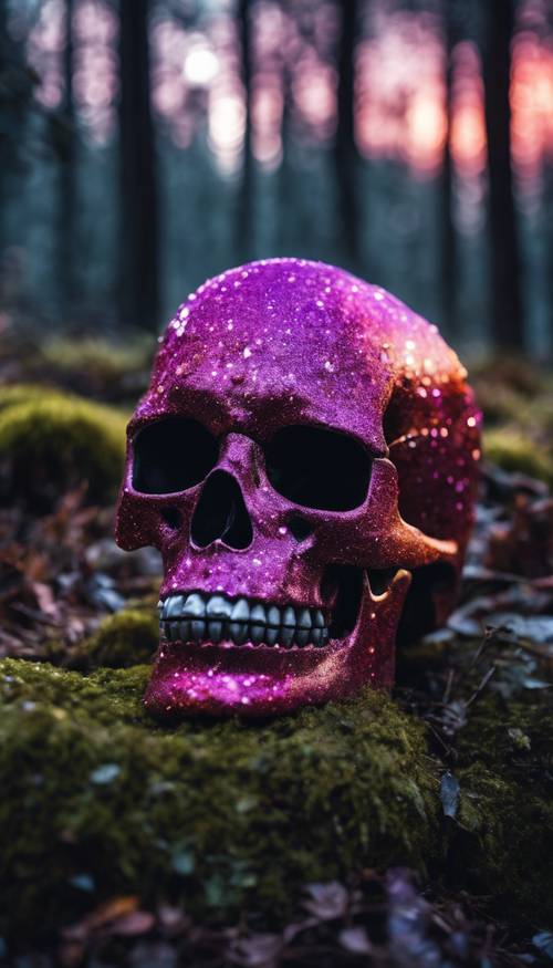 A vibrant, glowing glitter skull in a dark mystic forest at twilight.