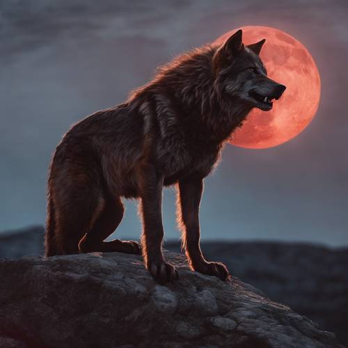 A werewolf howling at a blood red full moon on top of a rocky hill.