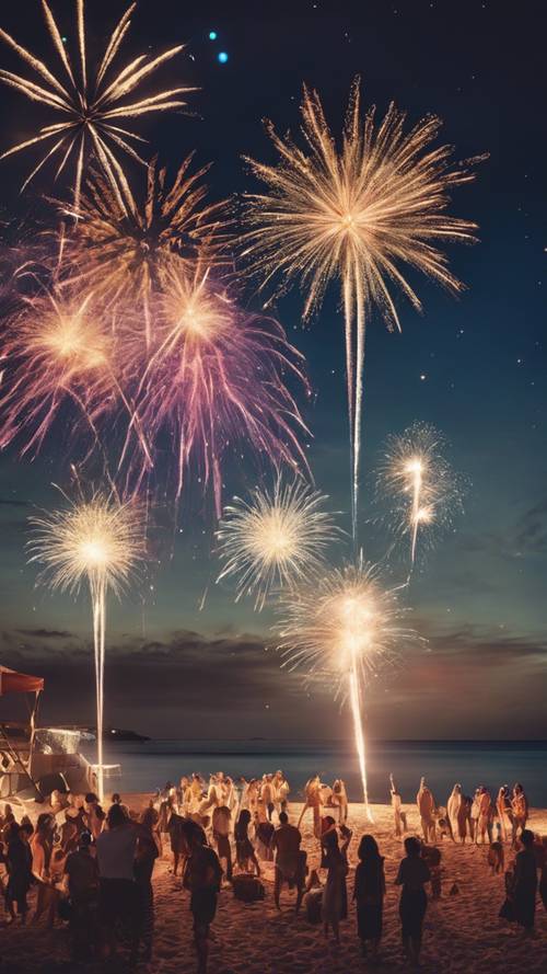 Fireworks illuminating a beach party under a full moon.