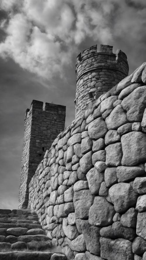 Dokulu taşlardan yapılmış eski bir kale duvarının gri tonlamalı görüntüsü.