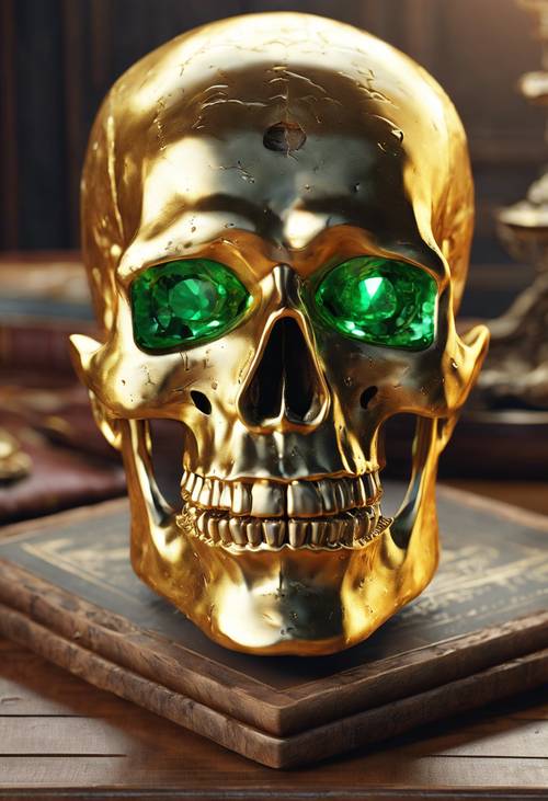 Una brillante calavera dorada en 3D con ojos color esmeralda, colocada sobre un escritorio de madera antiguo.