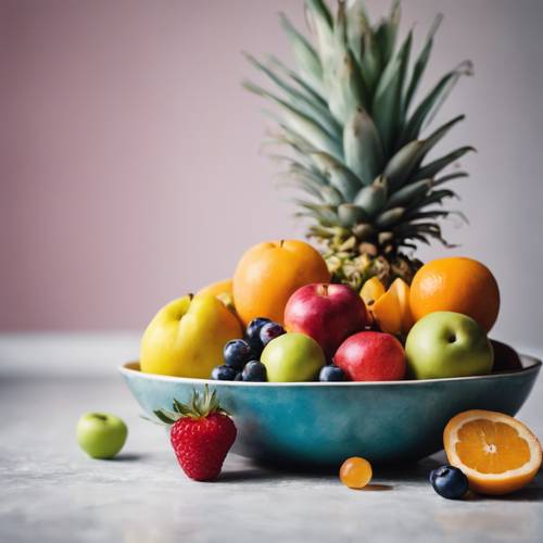 다양한 밝은 색깔의 과일이 담긴 그릇의 정물입니다.