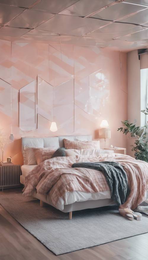 Un interior de dormitorio moderno estilo loft decorado predominantemente con estética de cuadros en tonos pastel.