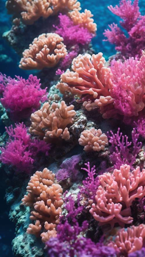 Pemandangan terumbu karang dari udara, berkilauan dalam nuansa merah jambu yang sejuk dengan latar lautan biru yang dalam.