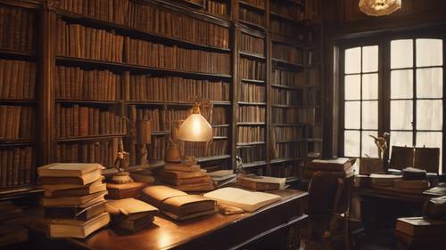 Perpustakaan antik dengan rak-rak menjulang tinggi dan tumpukan buku berdebu, lampu emas hangat diletakkan di meja tulis, menciptakan suasana nyaman dan tenang&quot;.