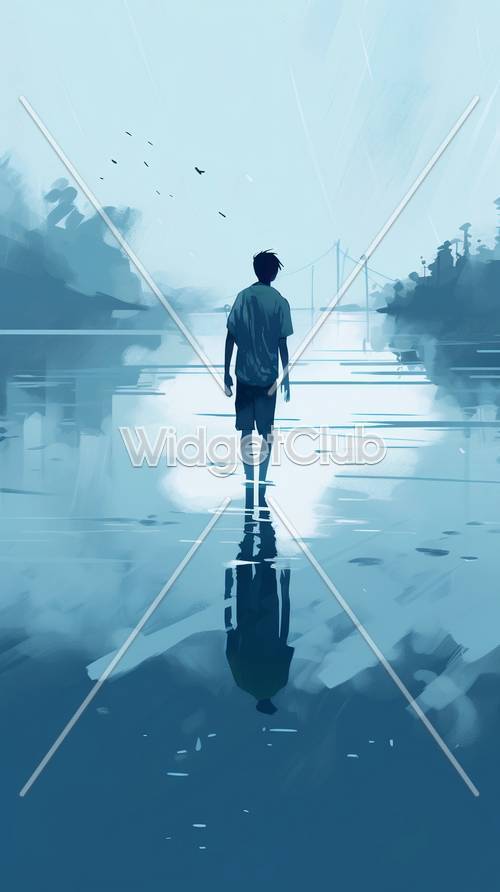 Мальчик смотрит на воду в голубых тонах