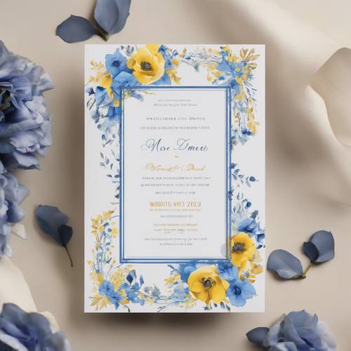 Una tarjeta de invitación de boda con temática floral azul y amarilla.