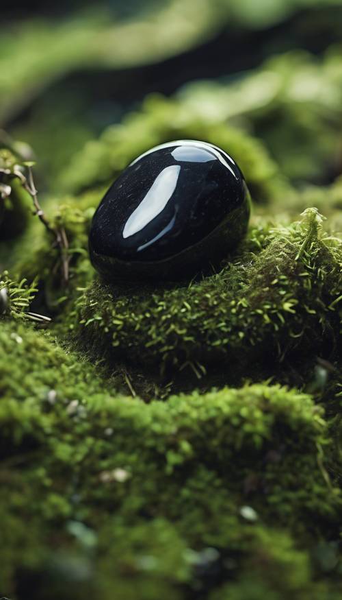 La pierre noire solitaire, polie à la perfection, repose sur un lit de mousse verte fraîche.