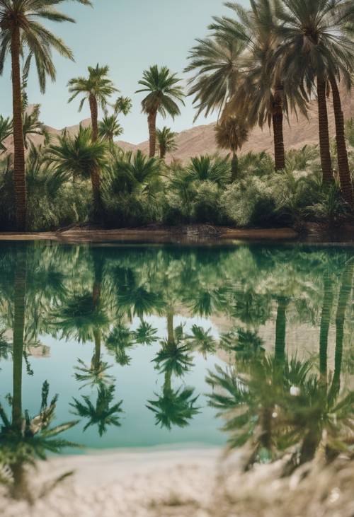 Sebuah oasis terpencil di tengah gurun hijau, dengan air jernih yang memantulkan pepohonan palem.