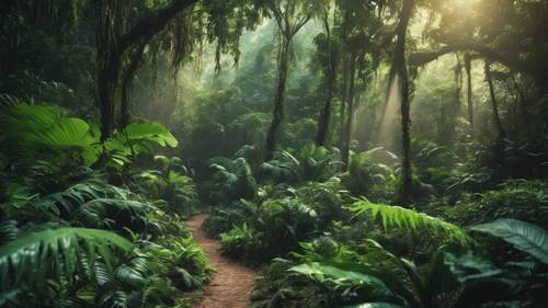 密林の神秘的な雰囲気が漂う、豊かな熱帯雨林の風景