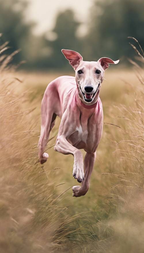 Uma pintura em aquarela de um galgo rosa correndo graciosamente por um campo de grama alta.