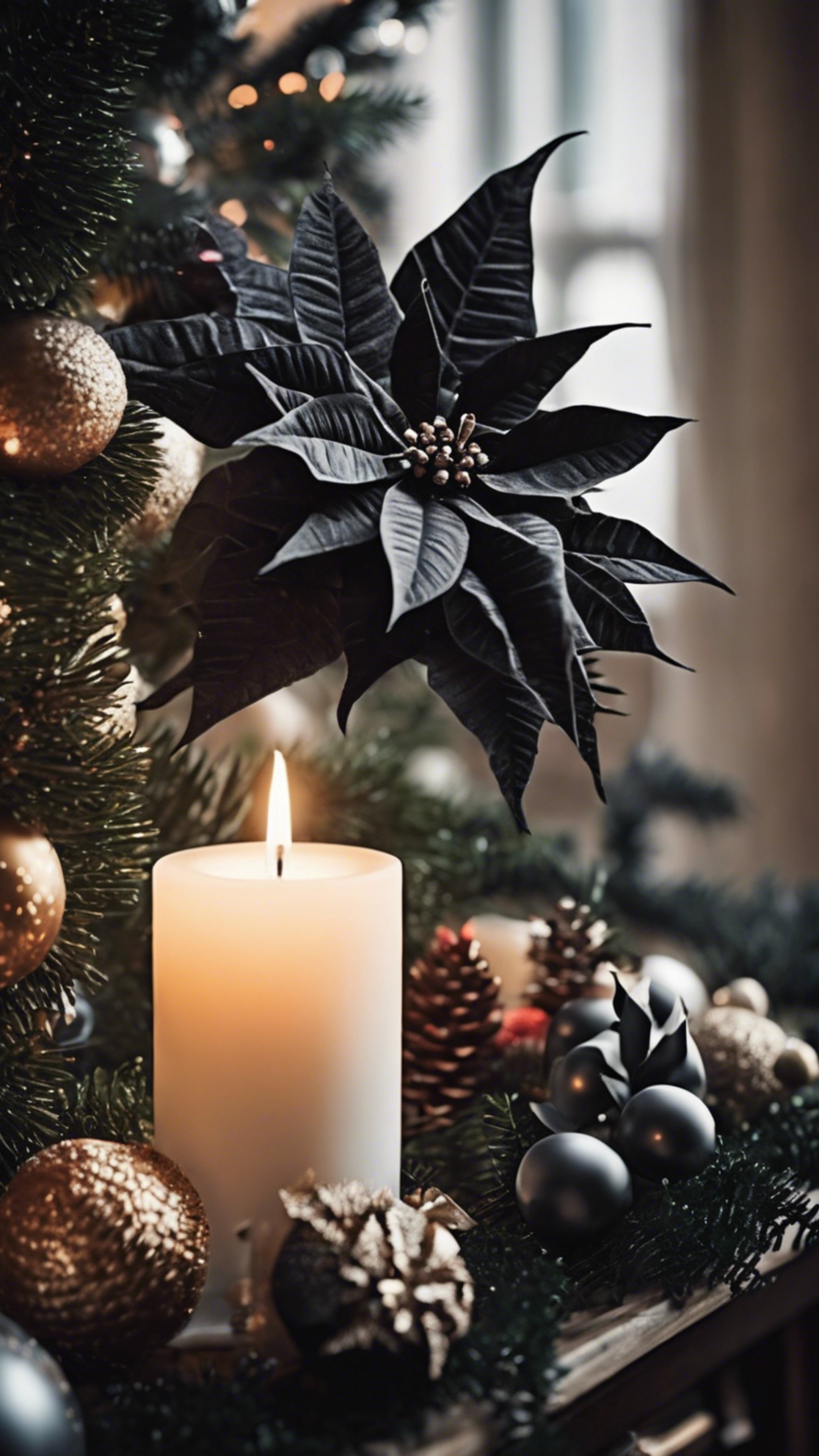 Festive arrangement of black poinsettia, adding a gothic charm to the Christmas decor. Шпалери[715e9bec122344a091fc]