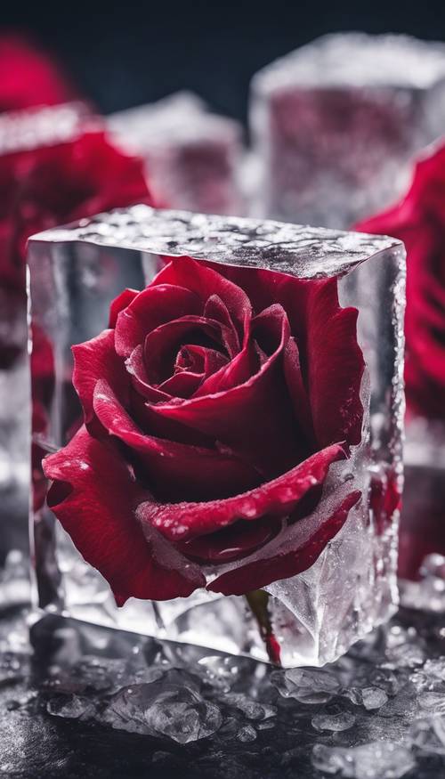 Una rosa cremisi intenso congelata in un blocco di ghiaccio cristallino.