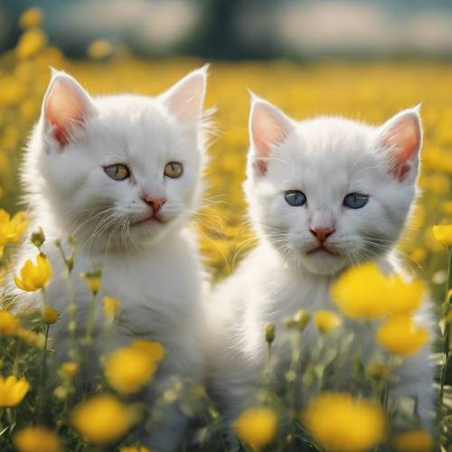 Ein Paar weißer Kätzchen spielt auf einem Feld mit gelben Butterblumen.