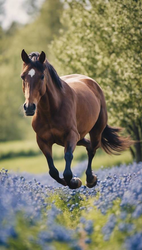 Brązowy koń biegający wiosną przez pole jagód.