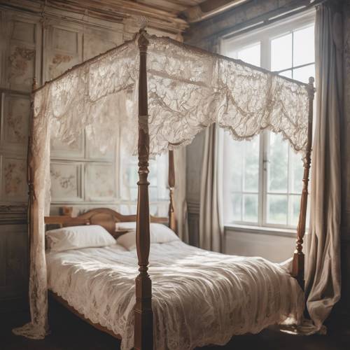 Vintage four-poster bed next to an open window, with billowing lace curtains and a cottage core view.