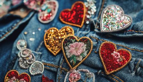 Una variedad de parches vintage con lentejuelas en forma de corazón bellamente esparcidos sobre una chaqueta de jeans estilo indie. Fondo de pantalla [00110cae1a19428ca064]