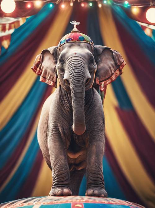 Tampilan jarak dekat dari seekor gajah sirkus yang melakukan trik pada bola besar berwarna-warni.